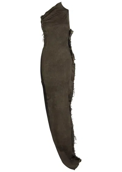 Rick Owens Athena Asymmetric Distressed Denim Gown In Brown