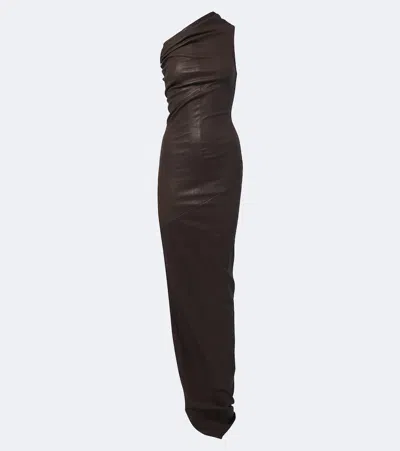 Rick Owens Athena Asymmetric Draped Leather Gown In Braun