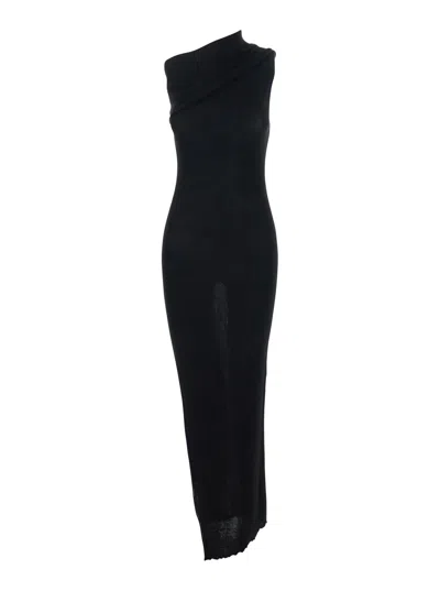 Rick Owens Athena Black Asymmetrical Long Dress With Wide Neck And Ribbed Design In Cotton Knit Woman