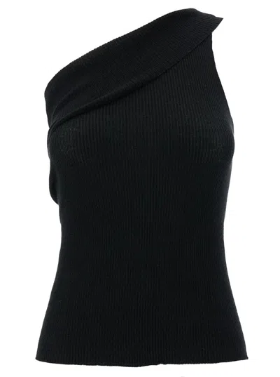 Rick Owens 'athena' Black Ribbed One-shoulder Top In Wool Woman