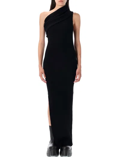 Rick Owens Athena Long Black Ribbed One Shoulder Dress In Wool