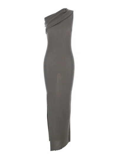 Rick Owens Athena Grey Asymmetrical Long Dress With Wide Neck And Ribbed Design In Cotton Knit Woman In Gray