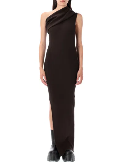 Rick Owens Athena One Shoulder Draped Maxi Dress In Brown