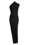 Rick Owens Athena Long Black Ribbed One Shoulder Dress In Wool In Black