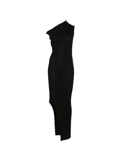 Rick Owens Asymmetrical Black Midi Dress With Draped Detailing