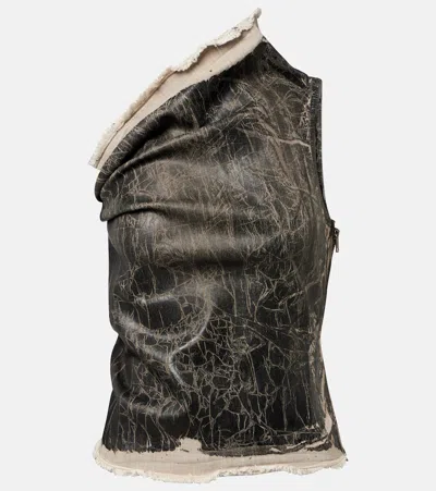 Rick Owens Athena Printed One-shoulder Denim Top In Black
