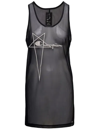 Rick Owens 'basketball' Mini Black Dress With Pentagram Embroidery At The Front In Micromesh Woman
