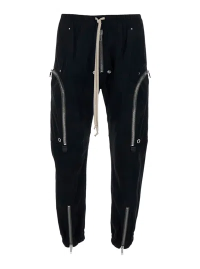 Rick Owens Bauhaus Black Pantsh With Elastic Drawstring Waist And Cargo Zip Pockets In Cotton Stretch Man