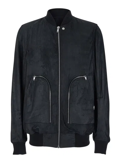 RICK OWENS 'BAUHAUS FLIGHT' BLACK BOMBER JACKET WITH ZIPPED POCKETS ON THE FRONT IN LEATHER MAN