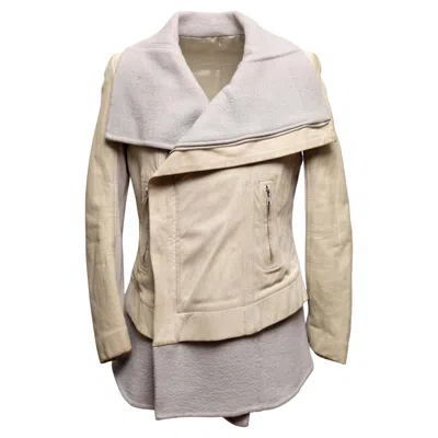 Pre-owned Rick Owens Beige  Leather & Wool Layered Moto Jacket Size Us 12 In Brown