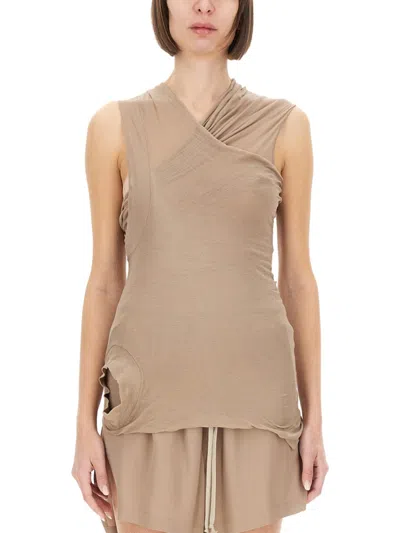 Rick Owens Beige Solid V Neck Top In Brown