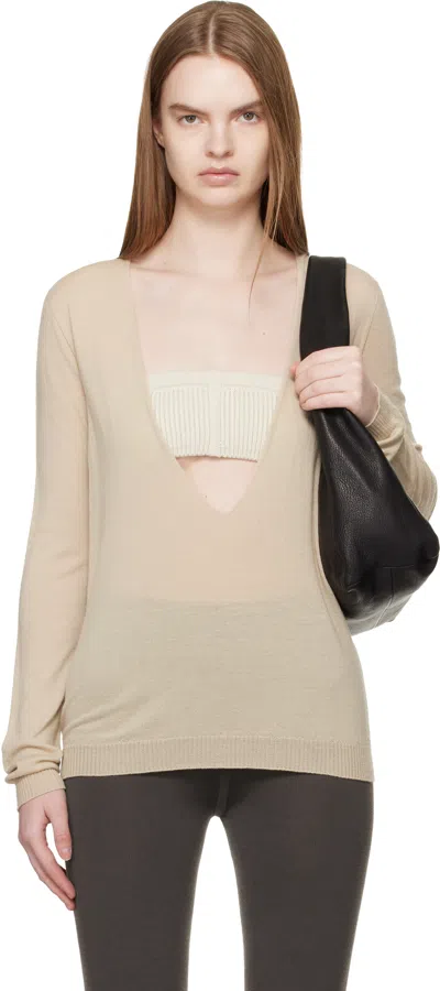 Rick Owens Beige Temple Extreme V Neck Pull Sweater In Gray