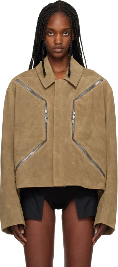 Rick Owens Beige Temple Heizer Mac Suede Jacket In Brown