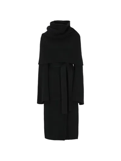 Rick Owens Long Black Cashmere Coat With Distinctive Cape And Matching Belt