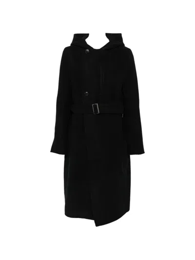 Rick Owens Belted Hooded Coat In Black