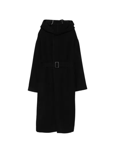 Rick Owens Belted Hooded Coat In Black