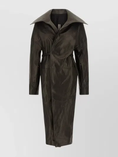 RICK OWENS BELTED LONG COAT WIDE COLLAR