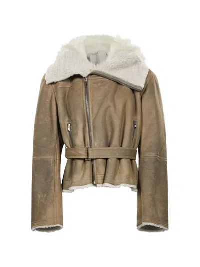 Rick Owens Belted Shearling-collar Coat In Brown