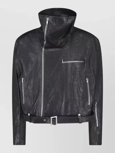 Rick Owens Belted Waist Jacket High Collar Textured In Black