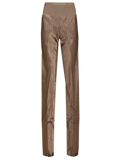Rick Owens Bias Satin Flared Trousers Beige In Brown
