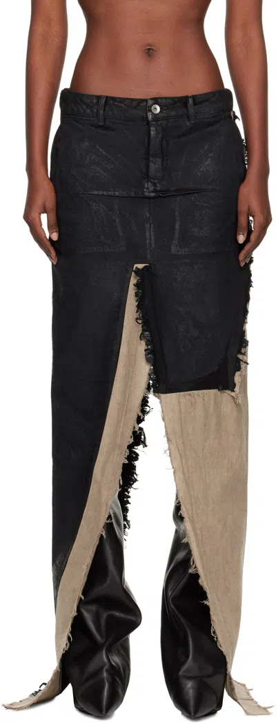 Rick Owens Black & Off-white Concordians Sliced Denim Maxi Skirt