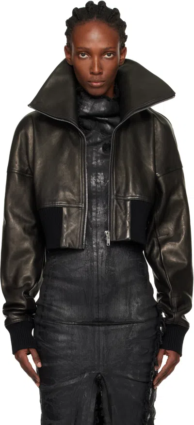 Rick Owens Black Concordians Dracucollar Cropped Leather Jacket In Green