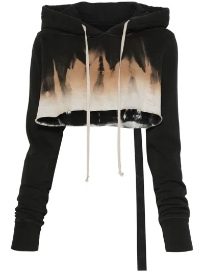 RICK OWENS BLACK CROPPED ABSTRACT PRINT HOODIE