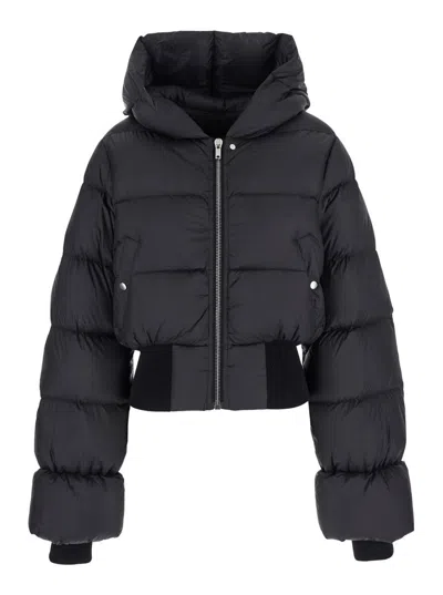 RICK OWENS BLACK DOWN JACKET WITH CROP DESIGN AND FIXED HOOD IN TECH FABRIC WOMAN
