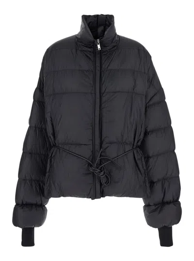 RICK OWENS BLACK DOWN JACKET WITH DRAWSTRING WAIST AND HIGH NECK IN TECH FABRIC WOMAN