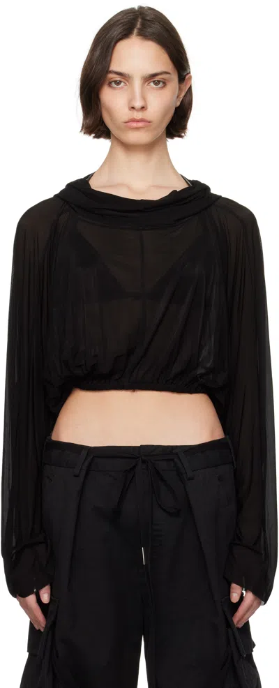 RICK OWENS BLACK HOLLYWOOD CROPPED HOODED TUNIC TOP