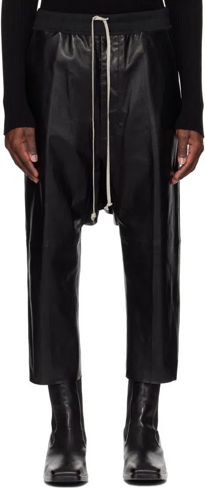 Rick Owens Black Hollywood Drawstring Cropped Leather Pants In 09 Black