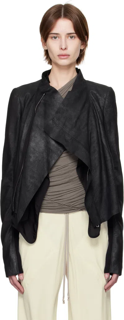 Rick Owens Black Hollywood Low Neck Biker Leather Jacket In 09 Black