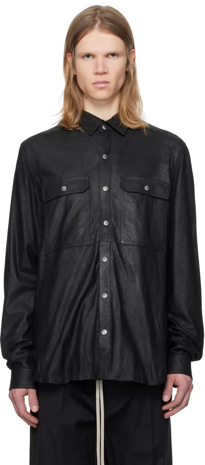 Rick Owens Black Hollywood Megablister Lamb Leather Overshirt In 09 Black