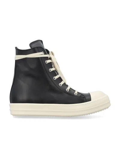 RICK OWENS BLACK LEATHER HIGH TOP SNEAKERS