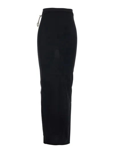 Rick Owens Black Long Skirt With Drawstring Closure On The Side And Straight Hem In Cotton Woman