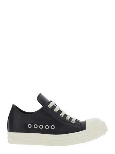Rick Owens Black Low Top Sneakers With Round Toe In Leather Woman