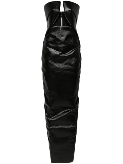 RICK OWENS BLACK PRONG COATED DENIM GOWN