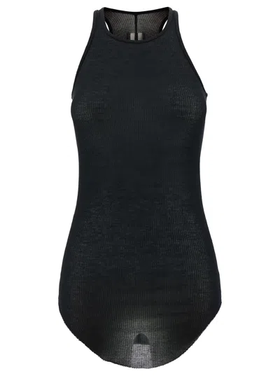 Rick Owens Black Ribbed Tank Top With Curved Hem In Viscose And Silk Blend Woman