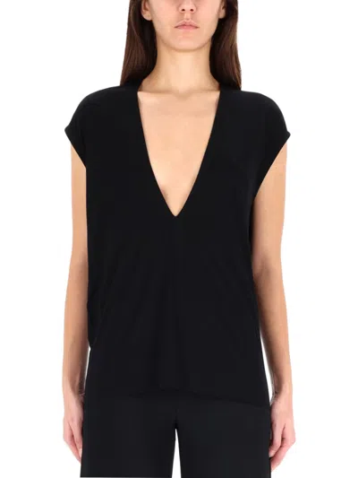 RICK OWENS WOMEN BLACK SOLID V NECK TOP, S LUXURY TOPS FOR WOMEN DARVEYS