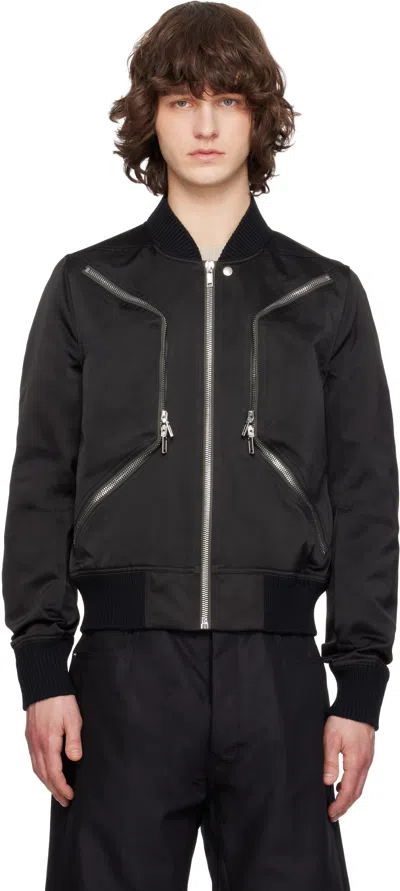 Rick Owens Heizer Flight Black Bomber Jacket With Two Front Zip Pockets In Cotton Blend Man