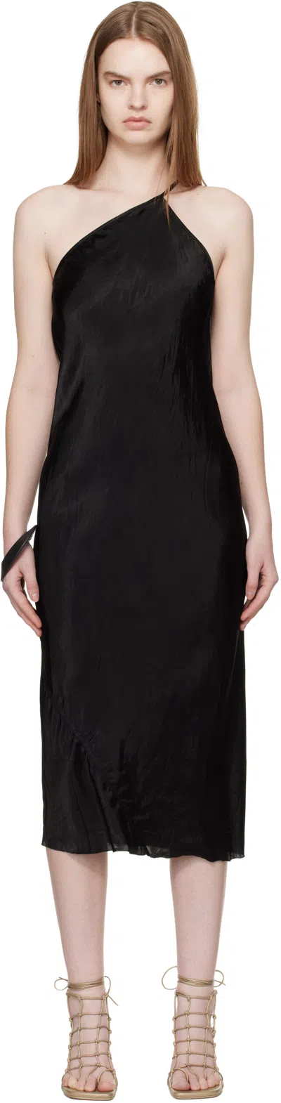 Rick Owens Black Temple One Shoulder Slip Midi Dress