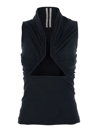Rick Owens Black Top With Ruffled Design And Front Slit In Fabric Woman