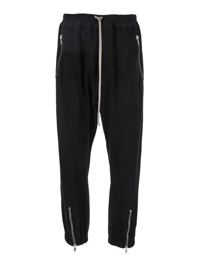 RICK OWENS BLACK TRACK PANTS WITH OVERSIZED DRAWSTRING IN WOOL MAN