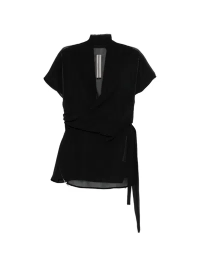 Rick Owens Sheer Wrap Top Short Sleeves Tie Detail In Black