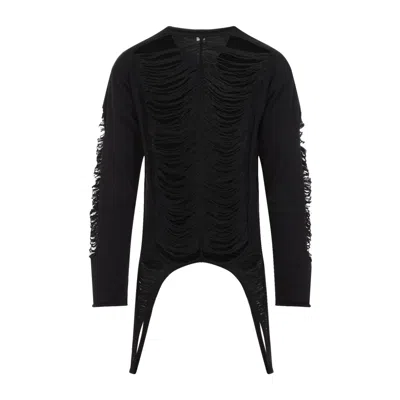 Rick Owens Black Virgin Wool Long-sleeve Top With Asymmetric Hem