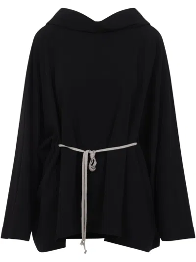 RICK OWENS BLACK WOOL BLEND BELTED HOODIE