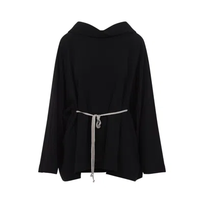 RICK OWENS RICK OWENS BLACK WOOL DRESS WITH OVERSIZED HOOD AND CINCHED WAIST
