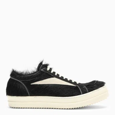 Rick Owens Men's Black Leather Sneakers With White Fur And Inserts For Ss24