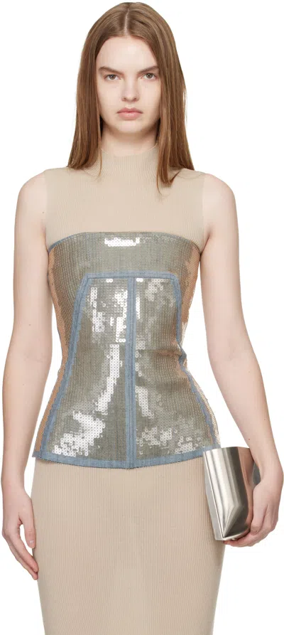 Rick Owens Blue & Beige Temple Bustier Top In Metallic