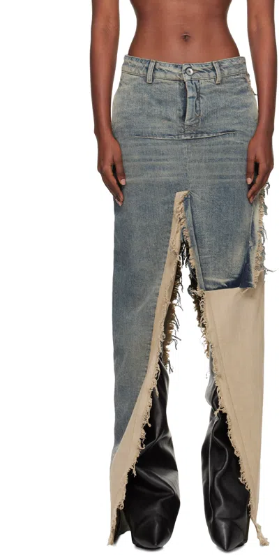 Rick Owens Blue & Off-white Concordians Sliced Denim Maxi Skirt